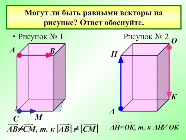 Могут ли быть равными векторы на рисунке? Ответ обоснуйте. Рисунок № 1