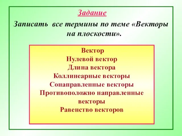 Задание Записать все термины по теме «Векторы на плоскости». Вектор Нулевой вектор