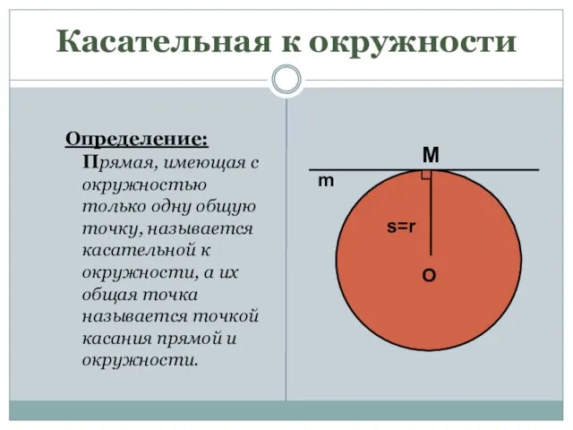 Касательная к окружности Определение: Прямая, имеющая с окружностью только одну общую точку,