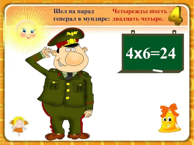 Шел на парад генерал в мундире: Четырежды шесть – двадцать четыре. 4х6=24