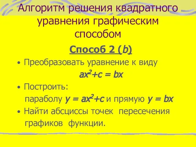 Алгоритм решения квадратного уравнения графическим способом Способ 2 (b) Преобразовать уравнение к