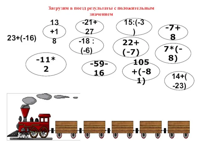 13+18 23+(-16) 14+(-23) -11*2 15:(-3) -21+27 -18 : (-6) 22+(-7) -59-16 105+(-81)
