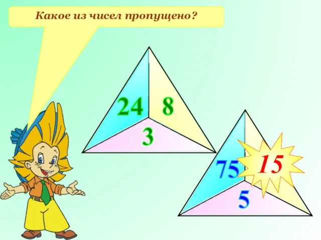 Какое из чисел пропущено? 24 8 3 75 5 ? 15