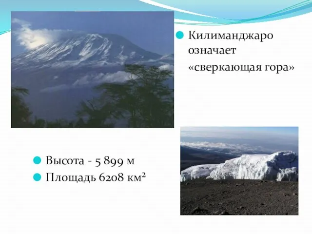 Высота - 5 899 м Площадь 6208 км² Килиманджаро означает «сверкающая гора»