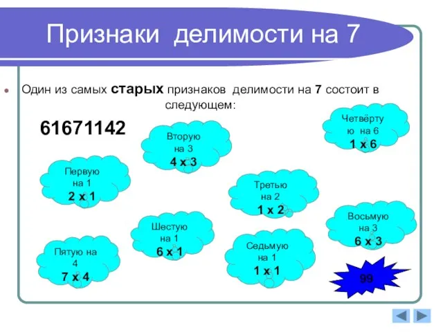 Признаки делимости на 7 Один из самых старых признаков делимости на 7