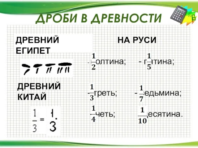 ДРОБИ В ДРЕВНОСТИ ДРЕВНИЙ ЕГИПЕТ ДРЕВНИЙ КИТАЙ НА РУСИ - полтина; -