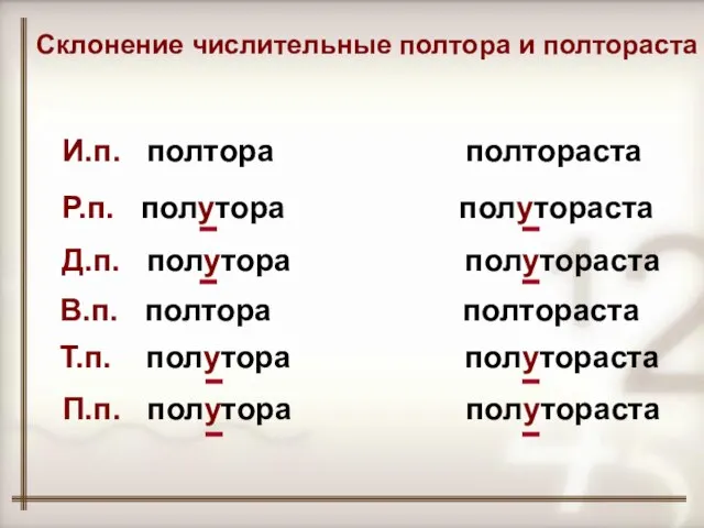 Склонение числительные полтора и полтораста И.п. полтора полтораста Р.п. полутора полутораста Д.п.