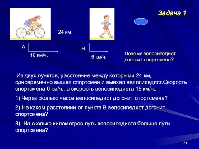 6 км/ч. 18 км/ч. 24 км А В Из двух пунктов, расстояние