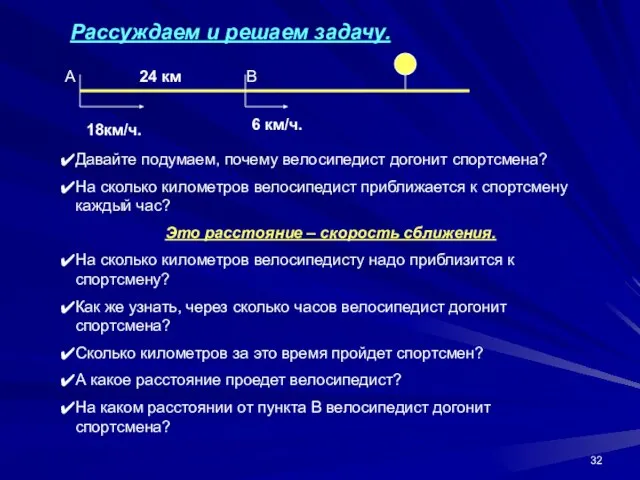 18км/ч. 6 км/ч. 24 км Рассуждаем и решаем задачу. Давайте подумаем, почему