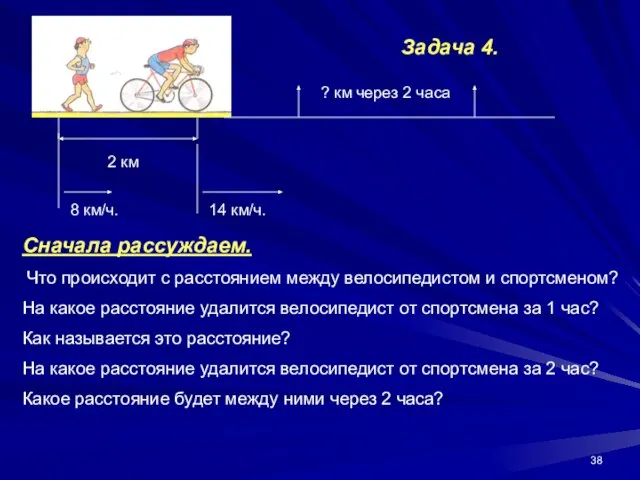 2 км 8 км/ч. 14 км/ч. ? км через 2 часа Сначала