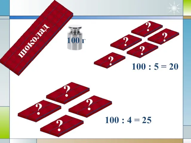 100 г ? 100 : 5 = 20 100 : 4 = 25 шоколад