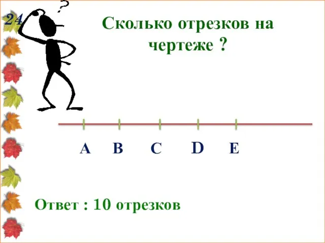 24 Сколько отрезков на чертеже ? Ответ : 10 отрезков А В С D Е