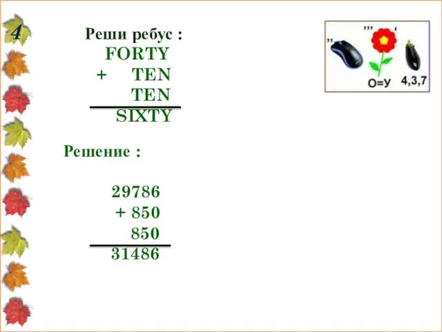 Реши ребус : FORTY + TEN TEN SIXTY 4 Решение : 29786 + 850 850 31486