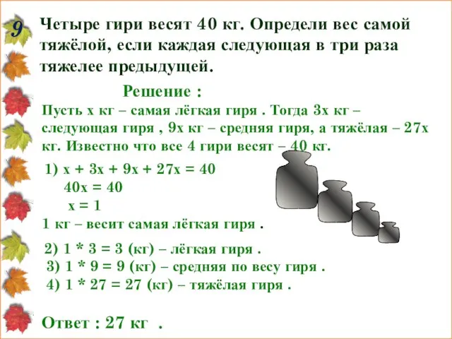 9 Четыре гири весят 40 кг. Определи вес самой тяжёлой, если каждая