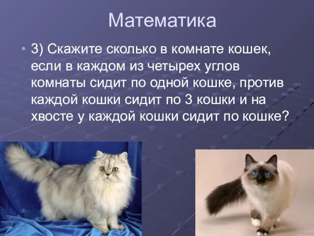 Математика 3) Скажите сколько в комнате кошек, если в каждом из четырех