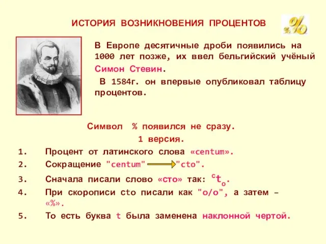 ИСТОРИЯ ВОЗНИКНОВЕНИЯ ПРОЦЕНТОВ В Европе десятичные дроби появились на 1000 лет позже,