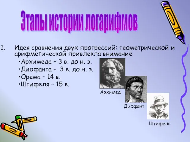 Идея сравнения двух прогрессий: геометрической и арифметической привлекла внимание Этапы истории логарифмов