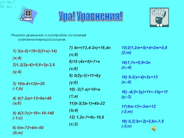 Решите уравнения и постройте по точкам соответствующий рисунок. Ура! Уравнения! 1) 3(х-5)+10=2(3+х)-14)