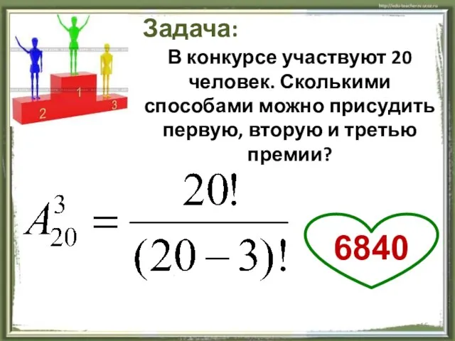 В конкурсе участвуют 20 человек. Сколькими способами можно присудить первую, вторую и третью премии? Задача: 6840