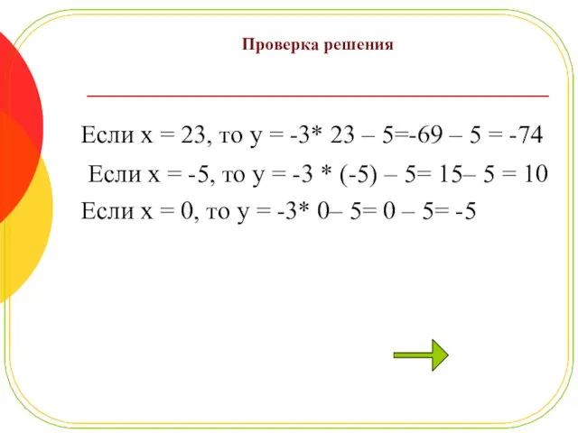 Проверка решения Если x = 23, то y = -3* 23 –