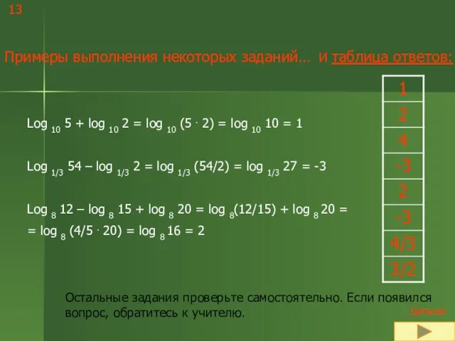 13 Примеры выполнения некоторых заданий… Log 10 5 + log 10 2