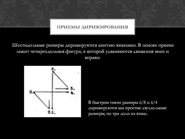 Шестидольные размеры дирижируются шестью взмахами. В основе приема лежит четырехдольная фигура, в