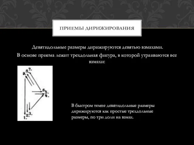 Девятидольные размеры дирижируются девятью взмахами. В основе приема лежит трехдольная фигура, в