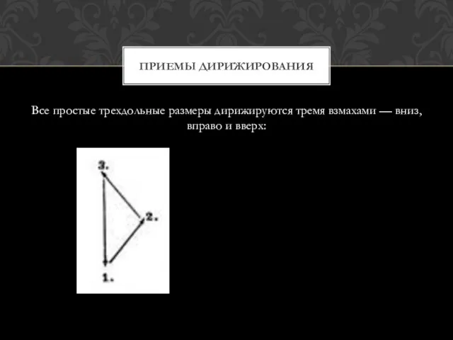 Все простые трехдольные размеры дирижируются тремя взмахами — вниз, вправо и вверх: Приемы дирижирования