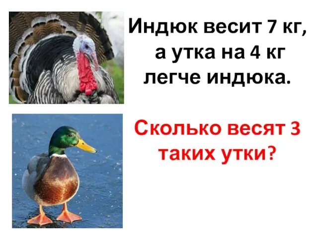 Индюк весит 7 кг, а утка на 4 кг легче индюка. Сколько весят 3 таких утки?