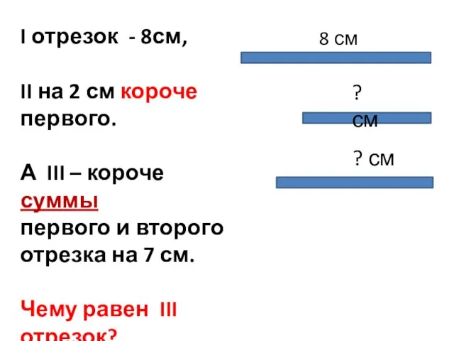 I отрезок - 8см, II на 2 см короче первого. А III