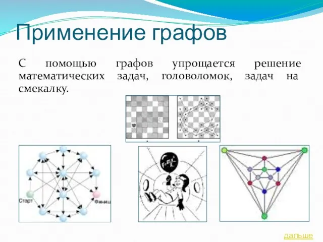 Применение графов С помощью графов упрощается решение математических задач, головоломок, задач на смекалку. дальше