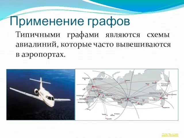Применение графов Типичными графами являются схемы авиалиний, которые часто вывешиваются в аэропортах. дальше