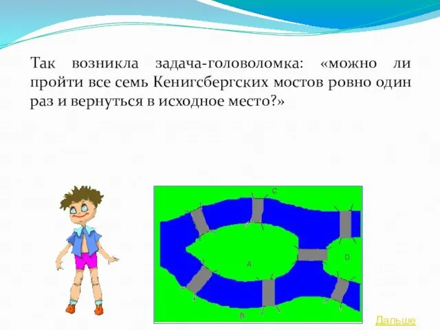 Так возникла задача-головоломка: «можно ли пройти все семь Кенигсбергских мостов ровно один