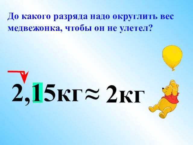 До какого разряда надо округлить вес медвежонка, чтобы он не улетел? 2,15кг ≈ 2кг