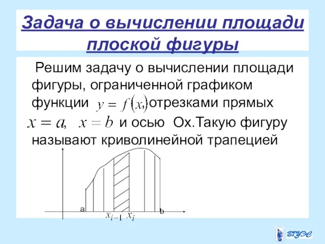 Задача о вычислении площади плоской фигуры Решим задачу о вычислении площади фигуры,