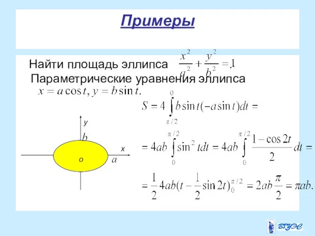 Примеры Найти площадь эллипса . Параметрические уравнения эллипса у о х