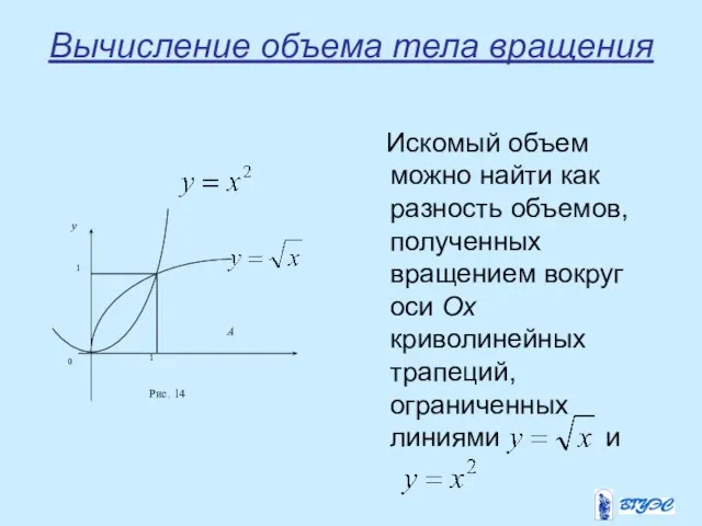 Вычисление объема тела вращения Искомый объем можно найти как разность объемов, полученных