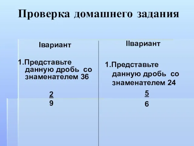 Проверка домашнего задания Iвариант 1.Представьте данную дробь со знаменателем 36 2 9