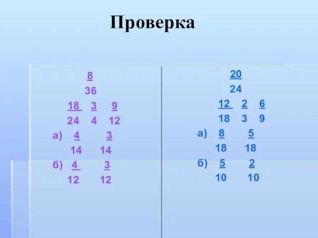 Проверка 8 36 18 3 9 24 4 12 а) 4 3