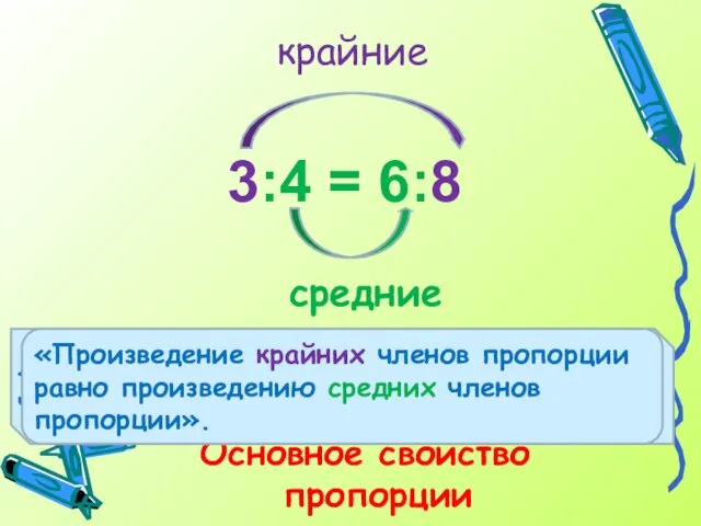 3:4 = 6:8 средние Основное свойство пропорции крайние «Произведение … членов пропорции