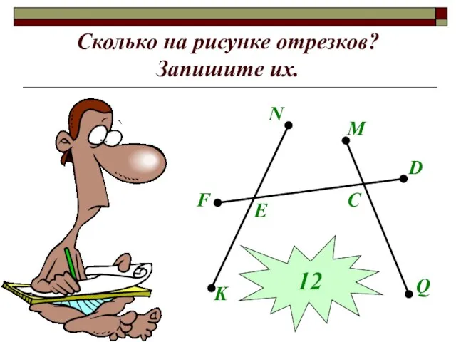 Сколько на рисунке отрезков? Запишите их. N K F D E M Q C 12