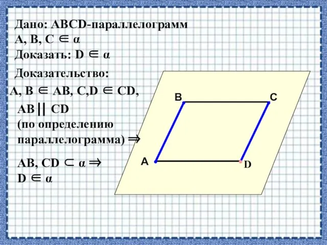 Дано: АВСD-параллелограмм А, В, С  α Доказать: D  α А