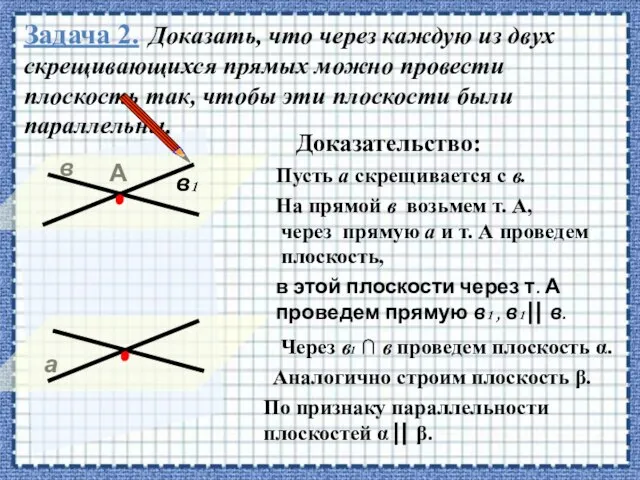 Задача 2. Доказать, что через каждую из двух скрещивающихся прямых можно провести