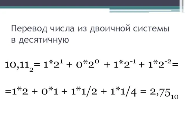 Перевод числа из двоичной системы в десятичную 10,112= 1*21 + 0*20 +