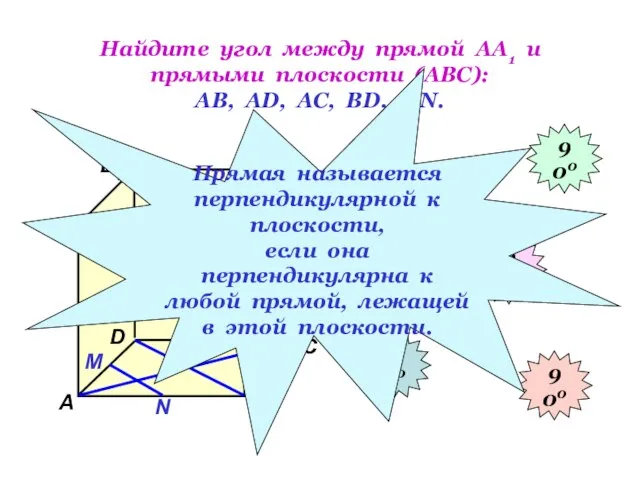 Найдите угол между прямой АА1 и прямыми плоскости (АВС): АВ, АD, АС,