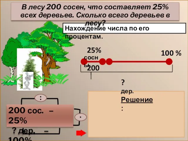 Нахождение числа по его процентам. 200 сос. – 25% ? дер. –