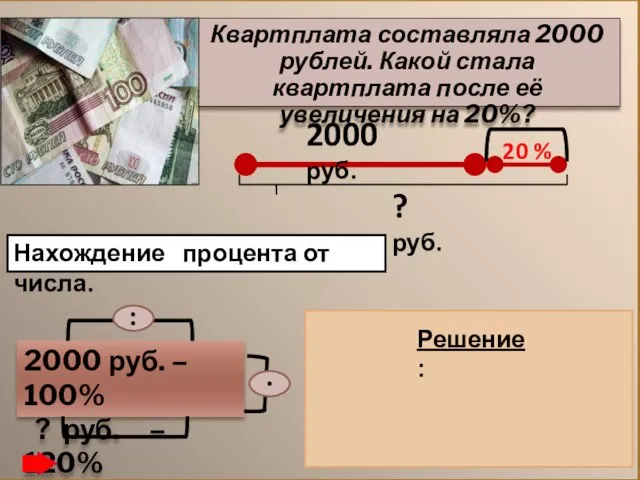 Квартплата составляла 2000 рублей. Какой стала квартплата после её увеличения на 20%?