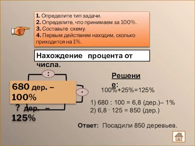 Нахождение процента от числа. 1) 680 : 100 = 6,8 (дер.)– 1%