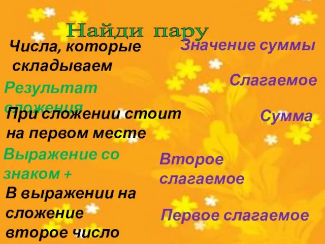 Найди пару Числа, которые складываем Результат сложения При сложении стоит на первом