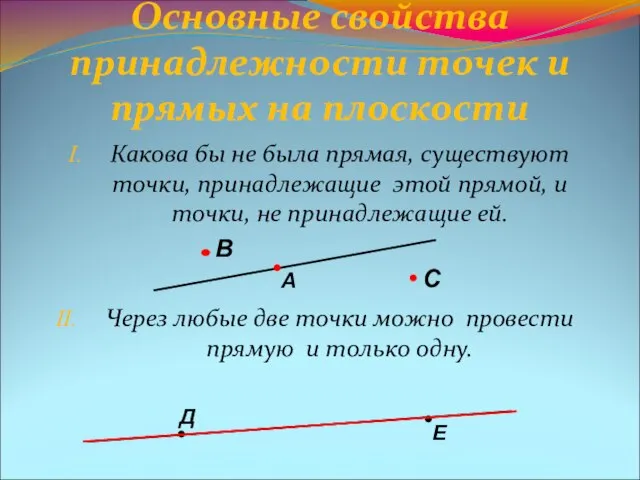 Основные свойства принадлежности точек и прямых на плоскости Какова бы не была